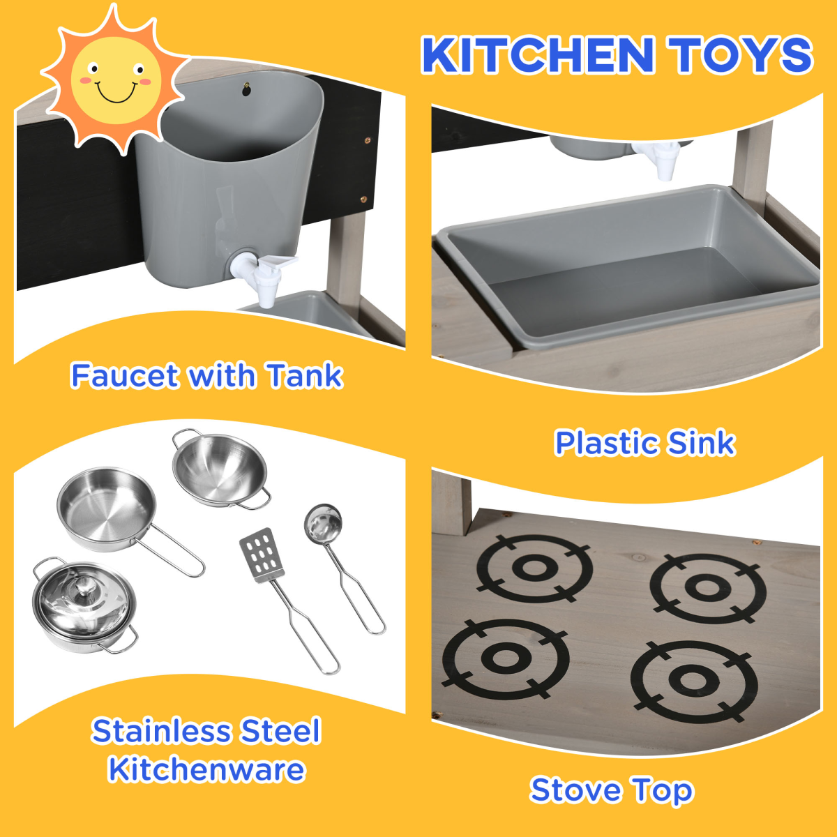 Outsunny Kids Wooden Sandbox with Canopy, Seat & Kitchen Toys