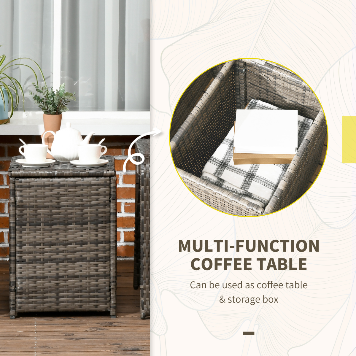 3-Piece PE Rattan Garden Sofa Set with 2 Armchairs and Storage Table, Grey, Outsunny
