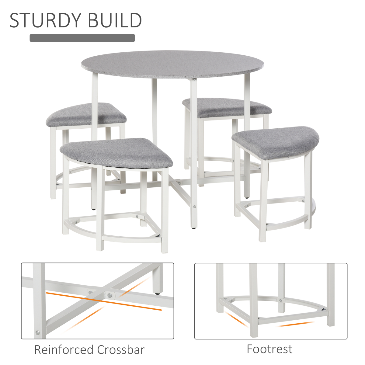 Modern Round Dining Table Set with 4 Upholstered Stools, Steel Frame