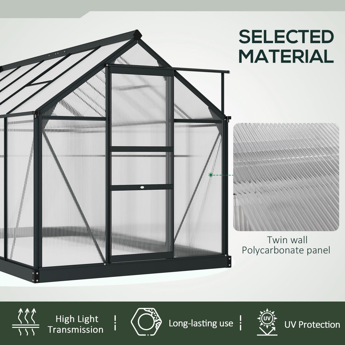 Outsunny Polycarbonate Walk-In Greenhouse with Aluminium Frame, 6 x 10 ft, Sliding Door