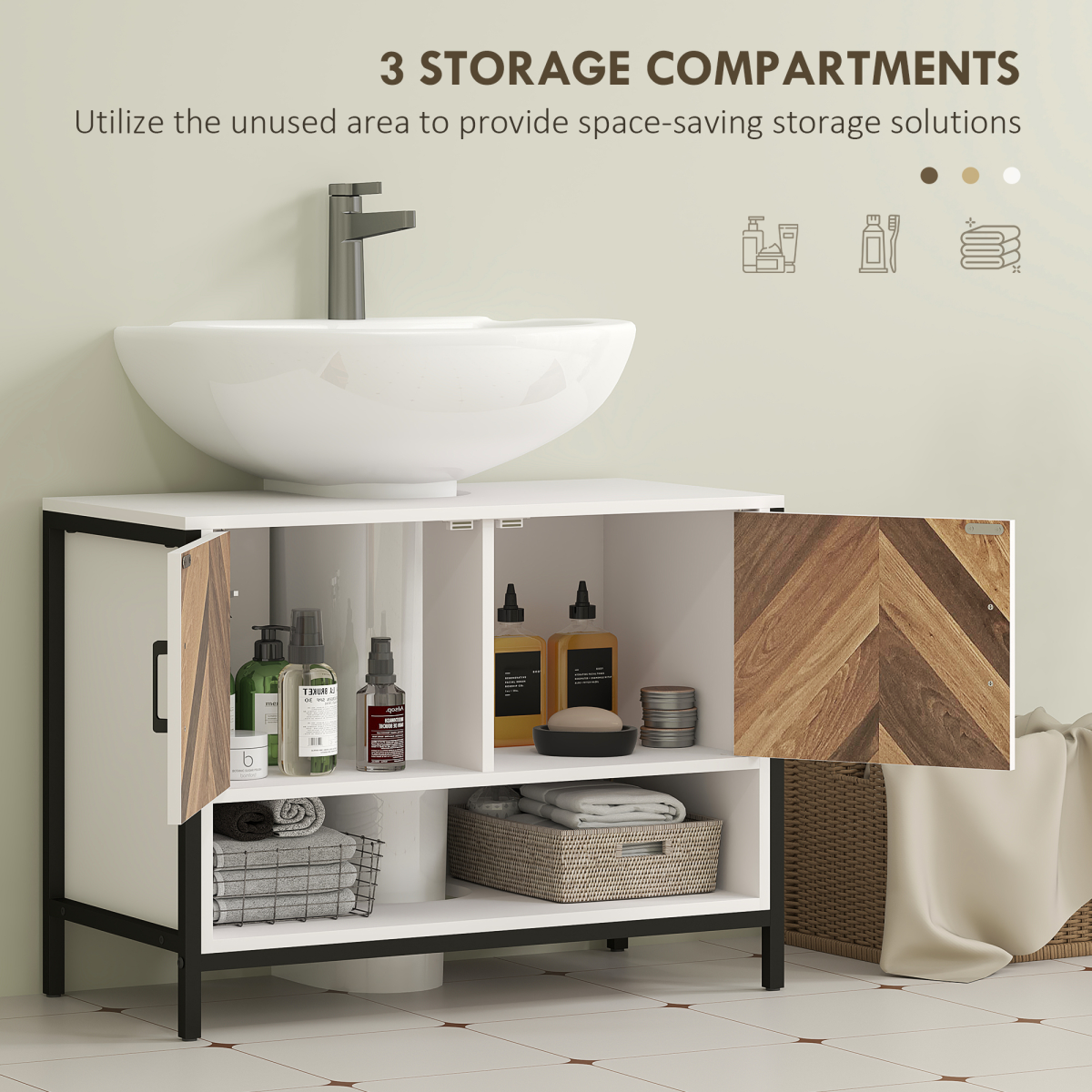 HOMCOM Cream Bathroom Under Sink Cabinet with U-Cut Out