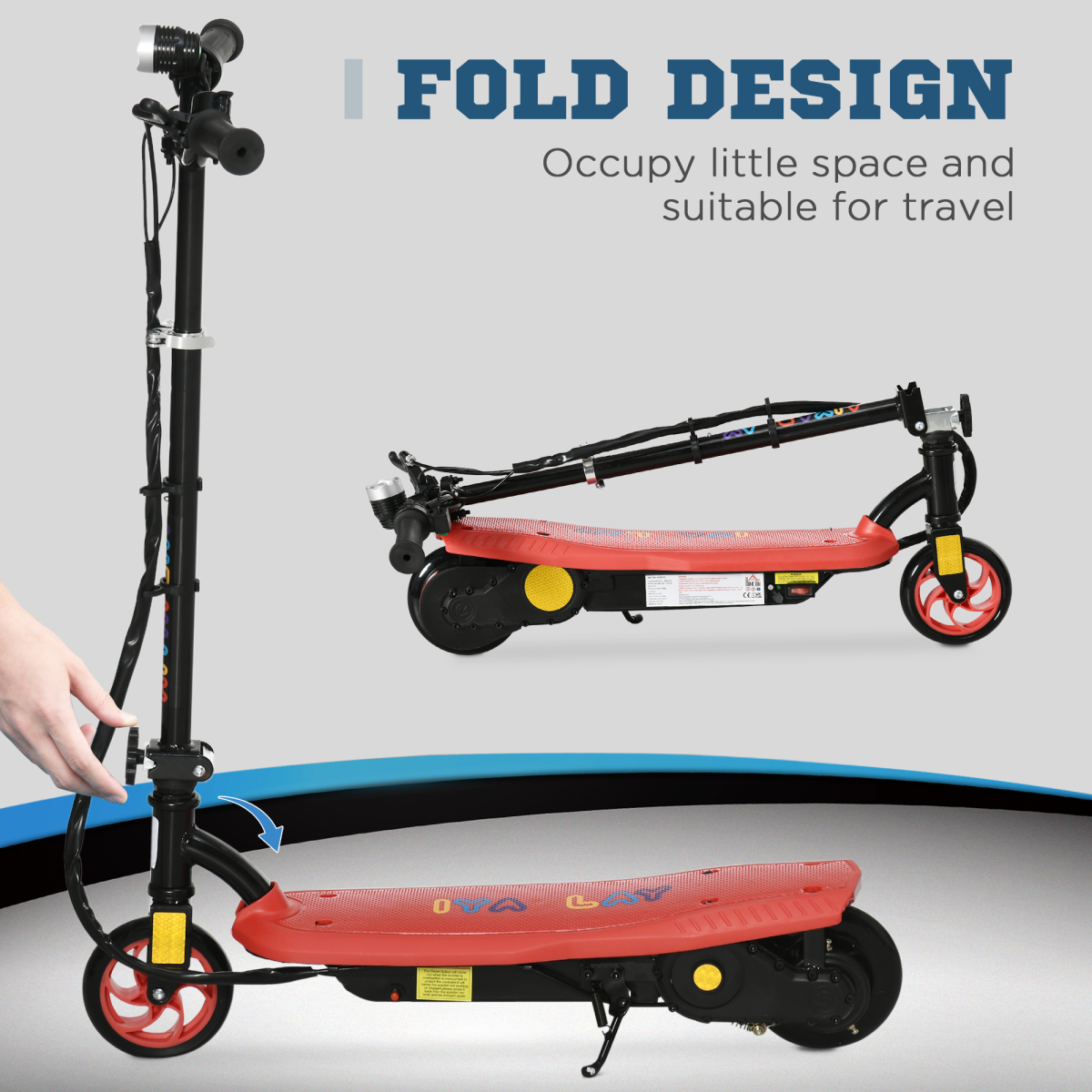 Folding Electric Scooter with LED Headlight, Ages 7-14, Red
