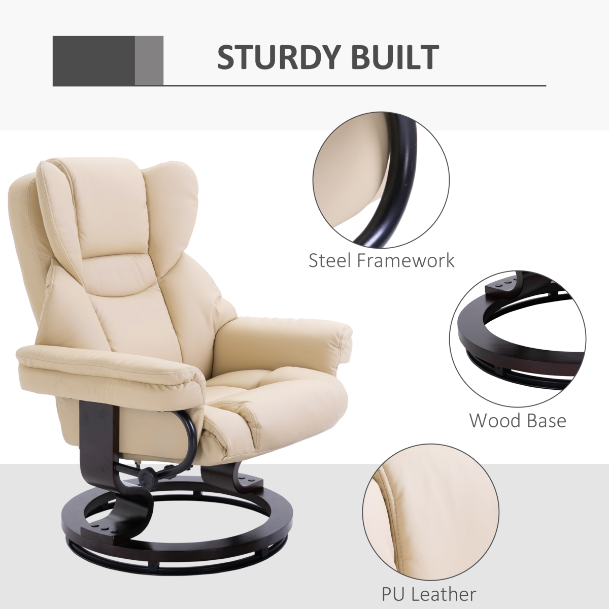 Cream PU Leather Swivel Recliner Armchair with Footstool