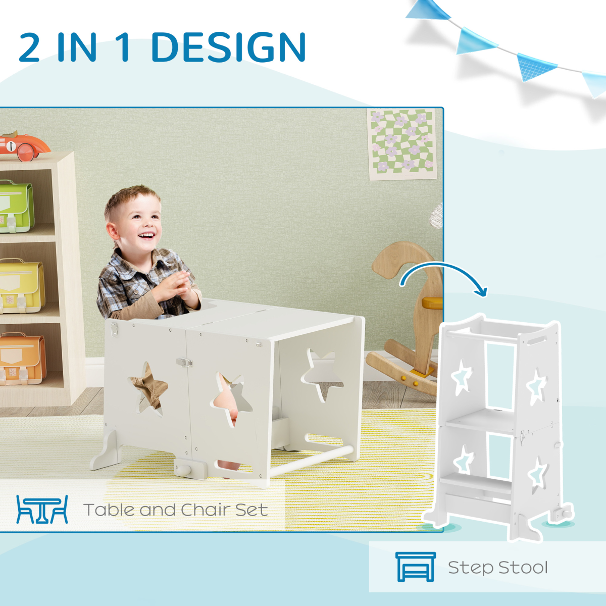 AIYAPLAY 2-in-1 Toddler Step Stool with Safety Rail, White
