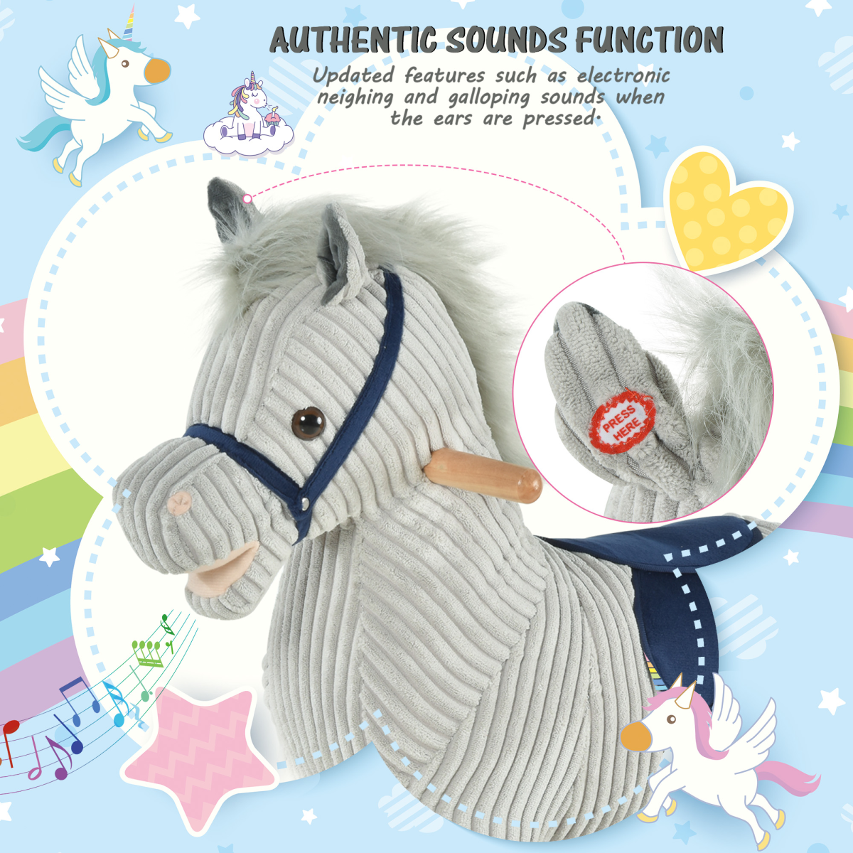 HOMCOM Kids Rocking Horse Ride-On with Sound, Wooden Base