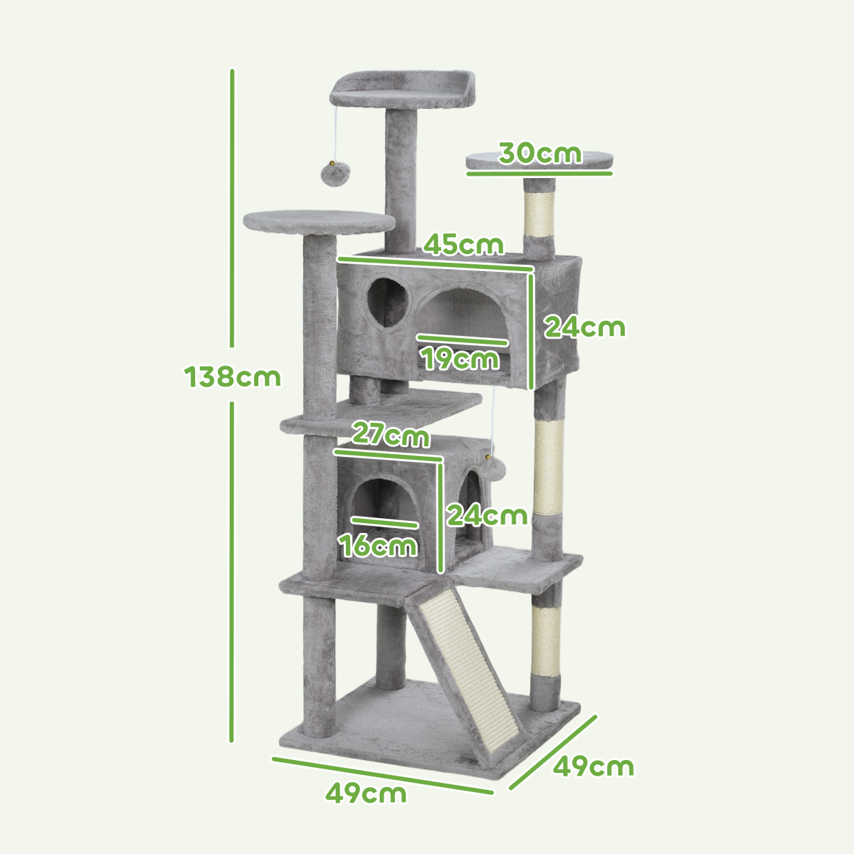 PawHut 138cm Cat Tree with Condos, Bed and Scratching Posts, Light Grey