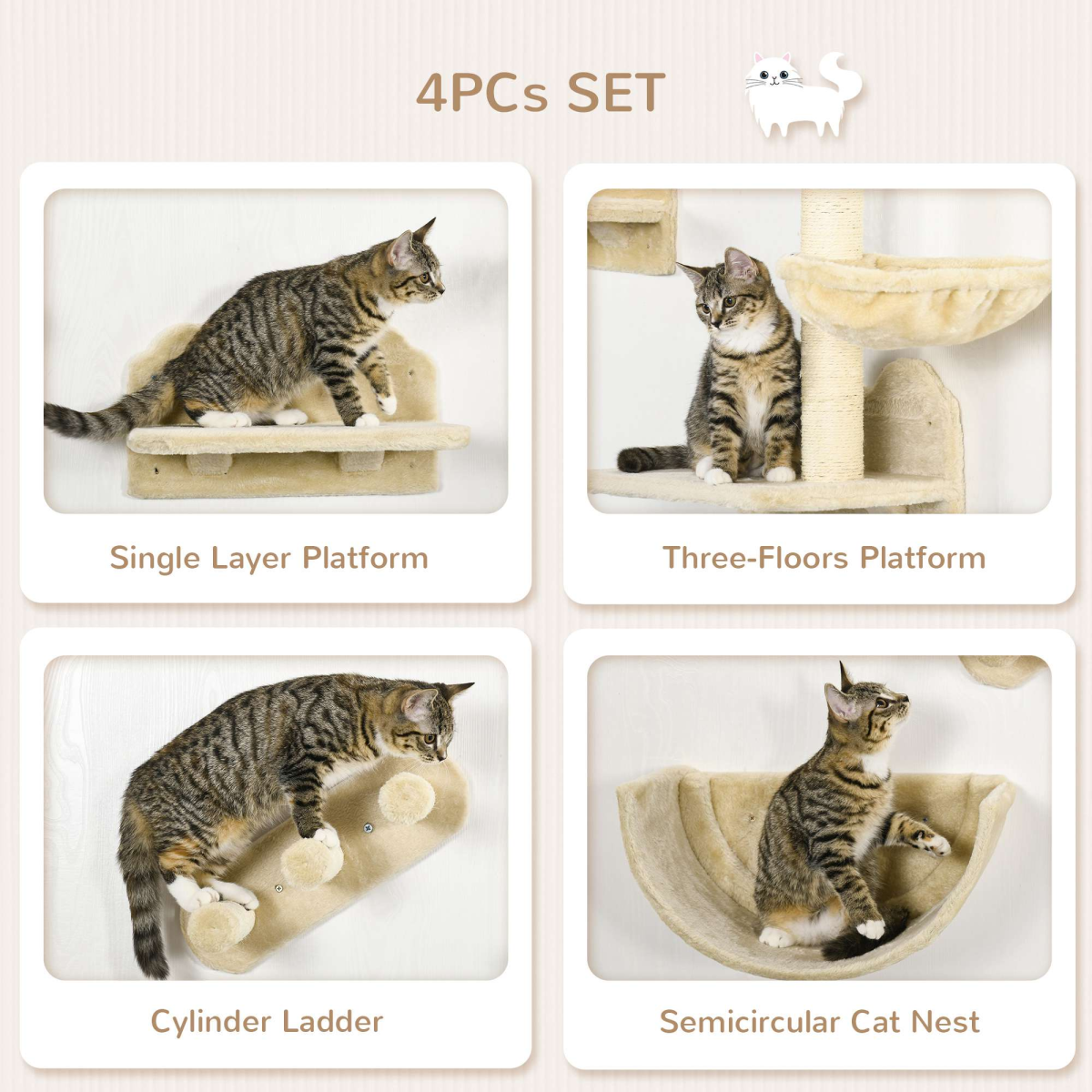 Wall-Mounted Cat Shelves with Hammock, Nest and Scratching Posts - Beige