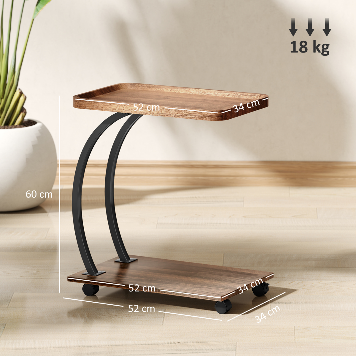 HOMCOM C-Shaped 2-Tier Side Table with Storage and Wheels, Brown