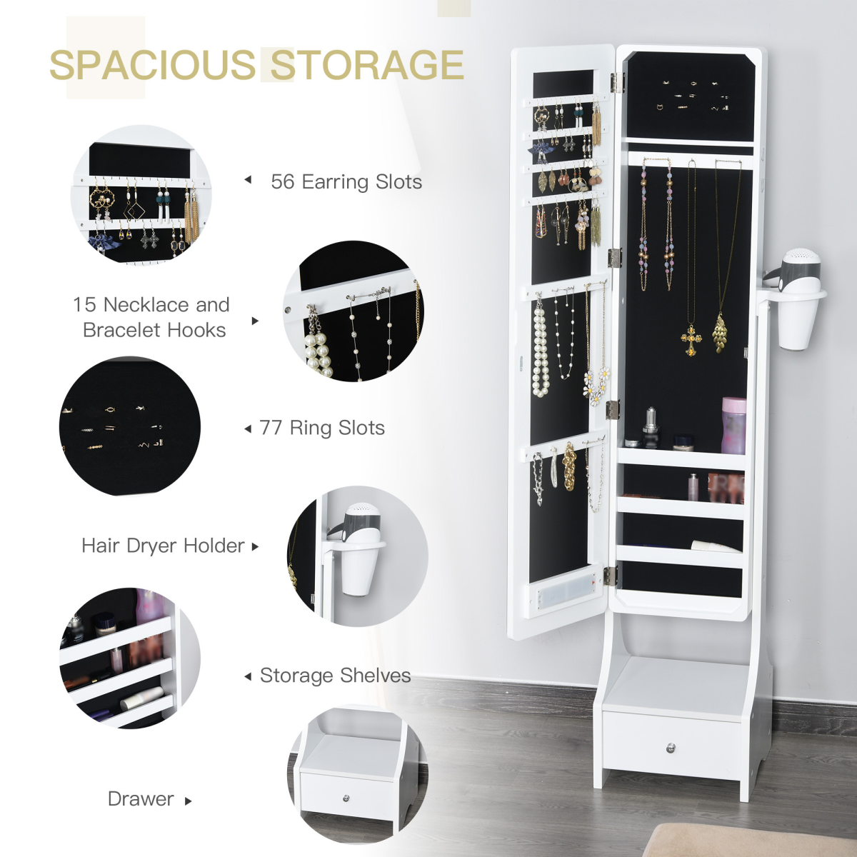 Freestanding Jewellery Armoire Mirror with LED Lights, Hooks & Drawer