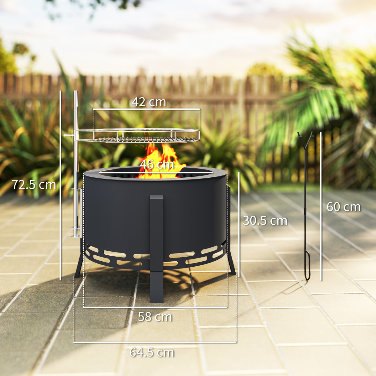 Outsunny 58cm Portable Round Fire Pit with Grill Grate, Black