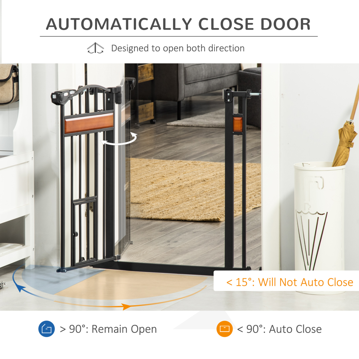 PawHut Dog Safety Gate with Cat Door, Auto-Close, Steel Frame, Pine Decor, 74-80 cm Wide