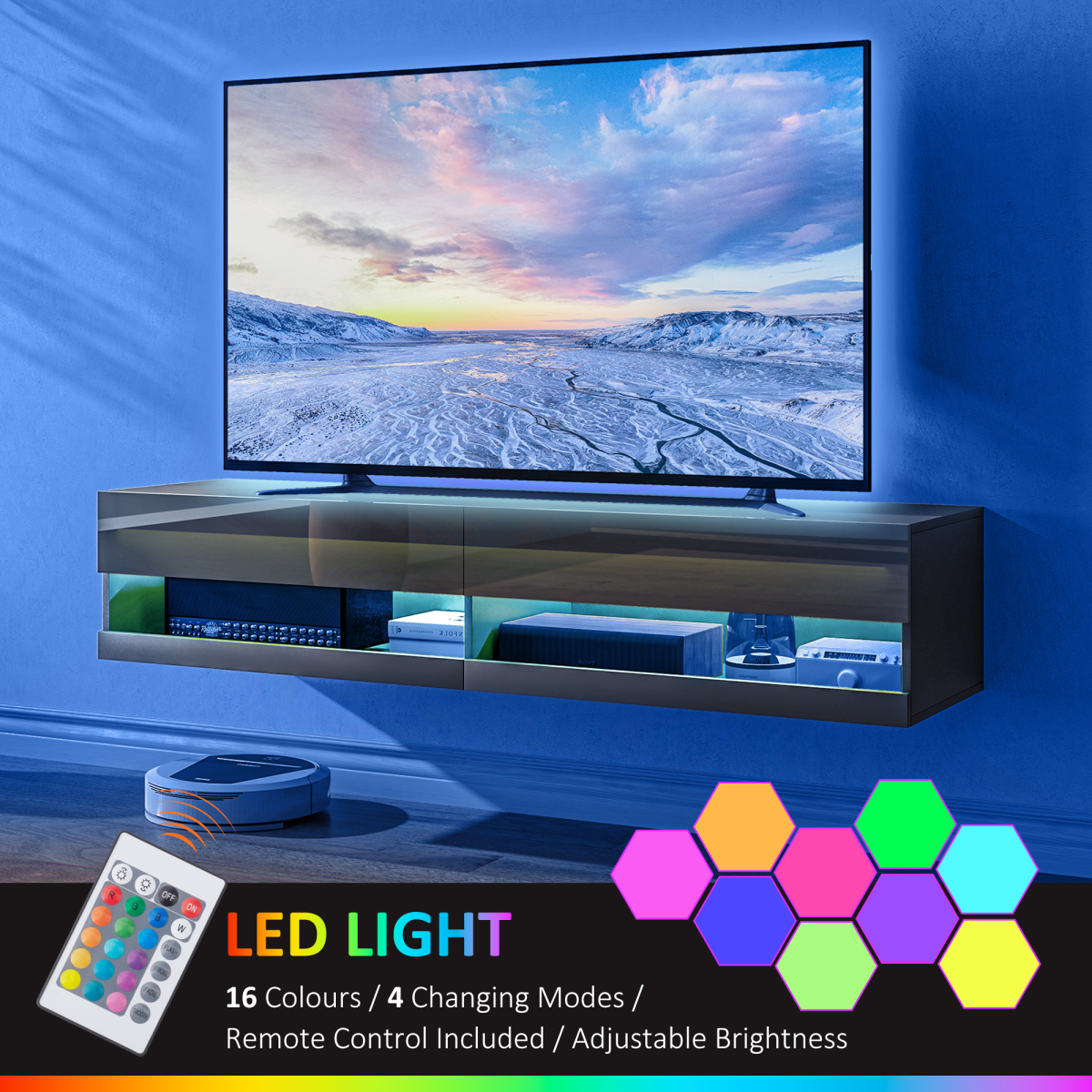 HOMCOM Wall-Mounted Media Console with LED Lights, Storage Shelves, 65" TV Support, High Gloss Black