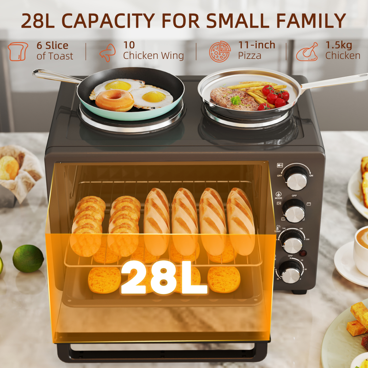 HOMCOM 28L Countertop Oven with 2 Hot Plates, Grill, Roast & Bake