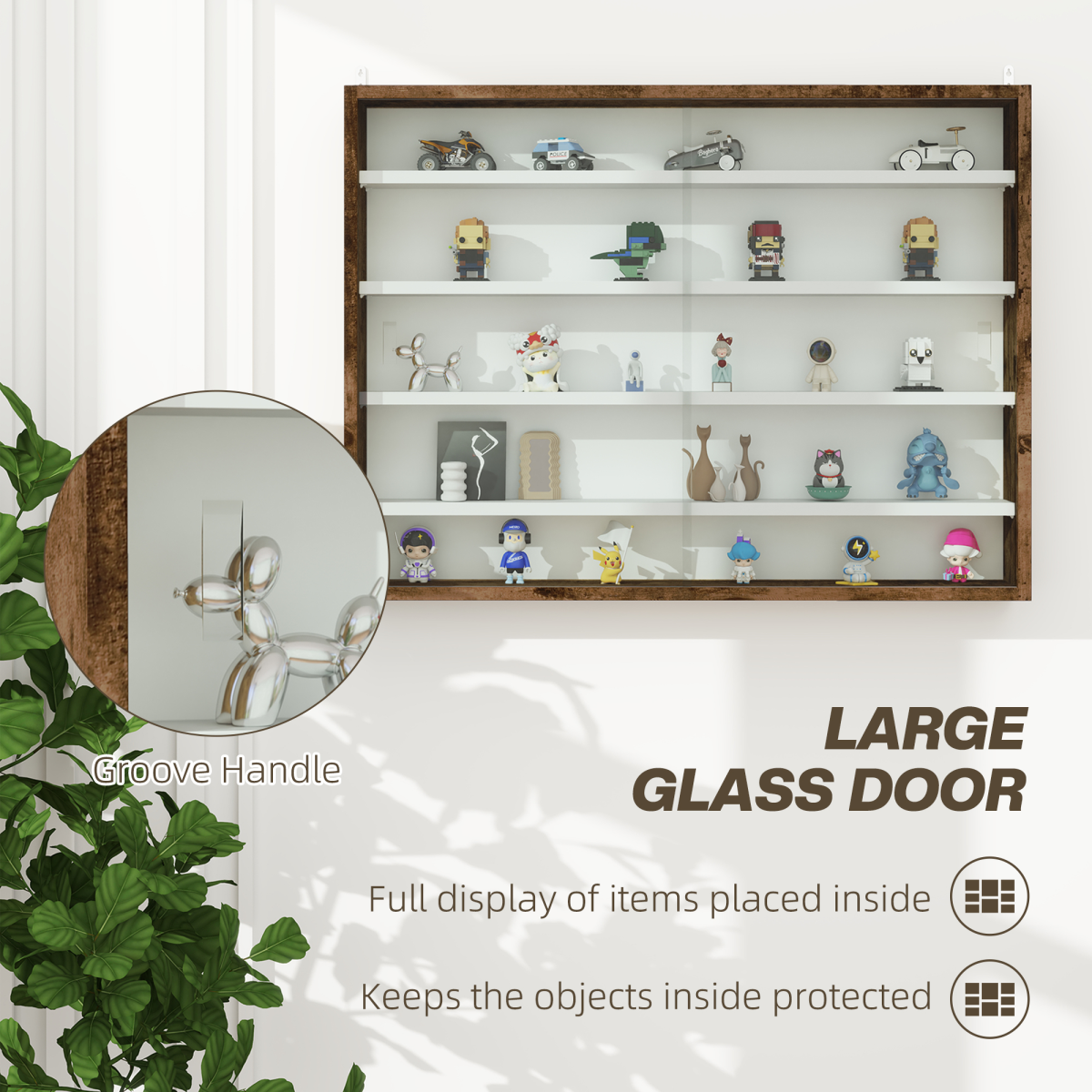 HOMCOM 5-Tier Wall Display Shelf Cabinet with Glass Doors, Rustic Brown