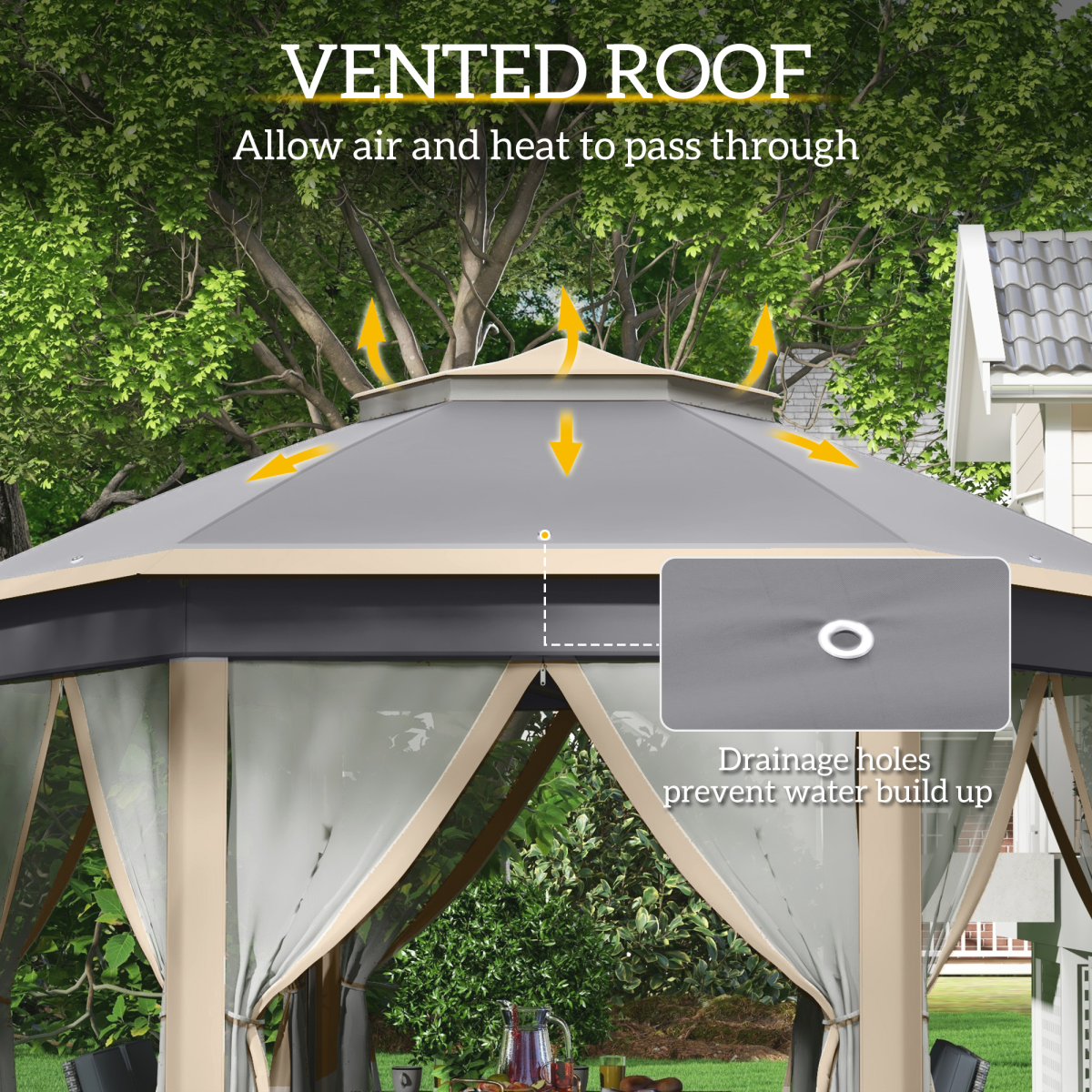 Outsunny 3x4m Hexagon Pop Up Gazebo with Metal Frame and Mesh Curtains, Khaki
