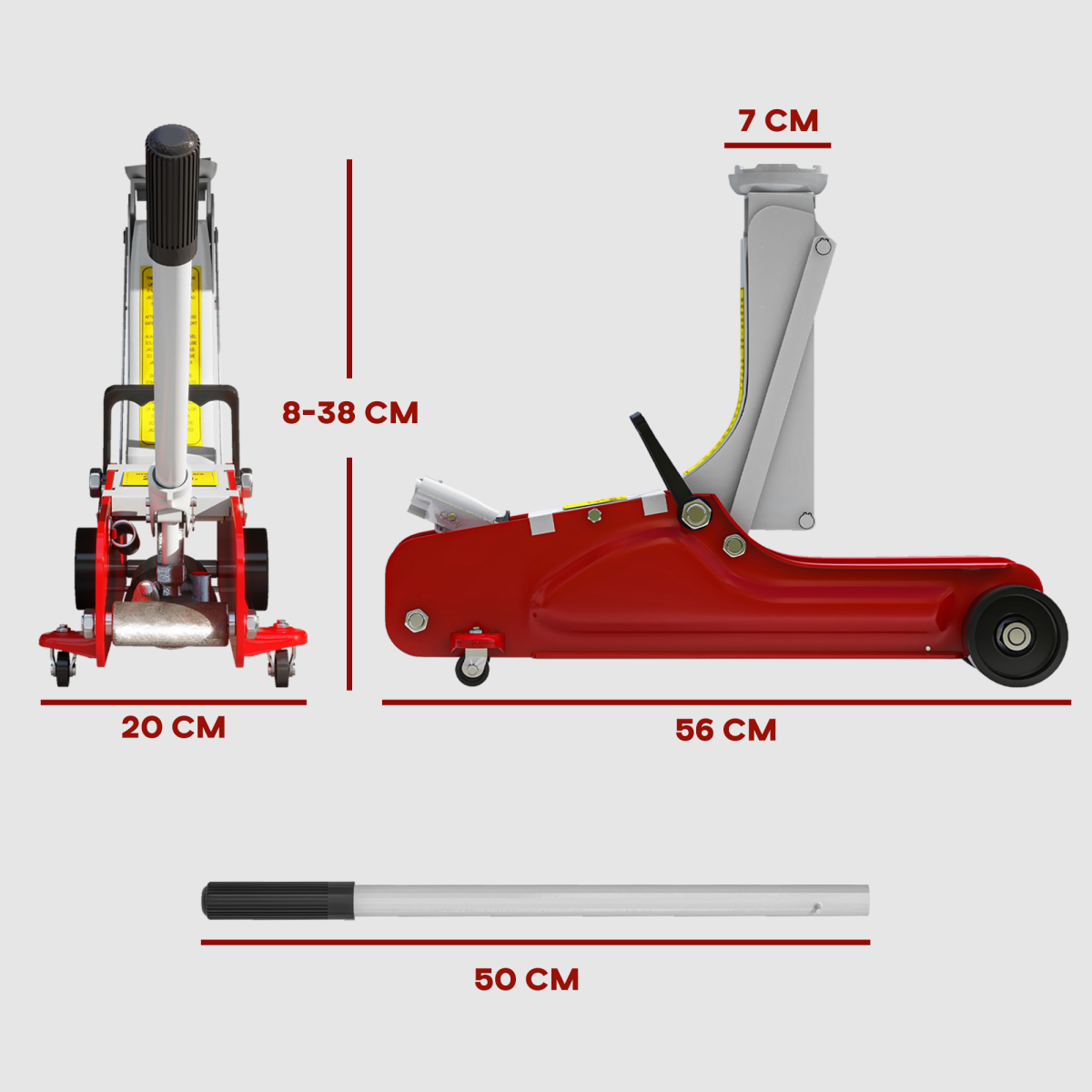 HOMCOM 2.5 Ton Hydraulic Low Profile Car Jack, 8-38 cm, Red