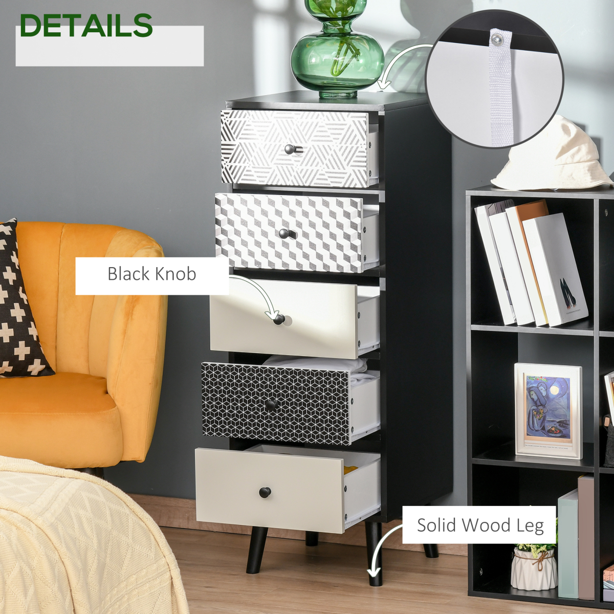5-Drawer Dresser with Geometric Fronts for Bedroom, Living Room