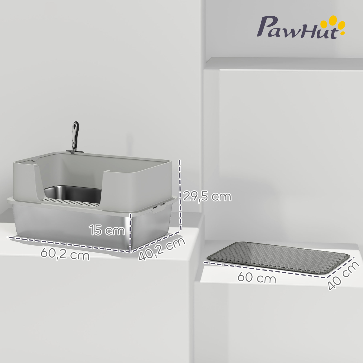 PawHut Stainless Steel High-Sided Cat Litter Box with Scoop