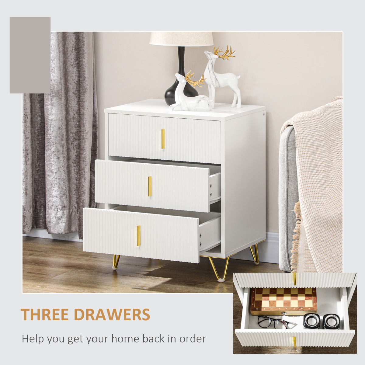 HOMCOM 3-Drawer White Chest of Drawers with Gold Accents