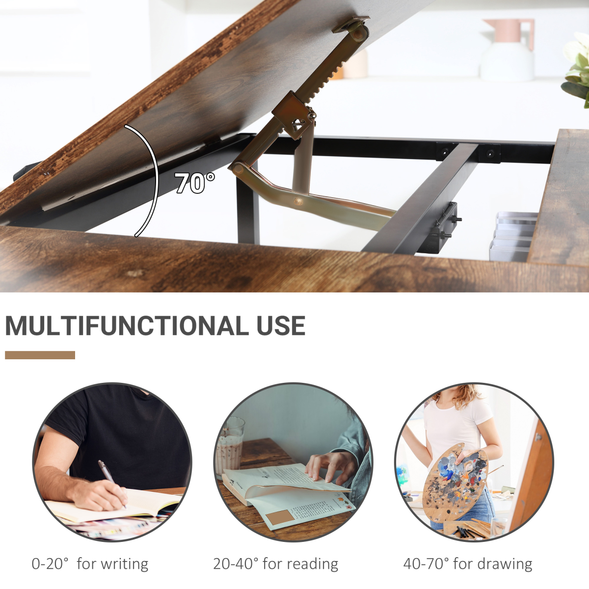 HOMCOM Tiltable Drafting Table Home Office Desk with Shelf, Rustic Brown