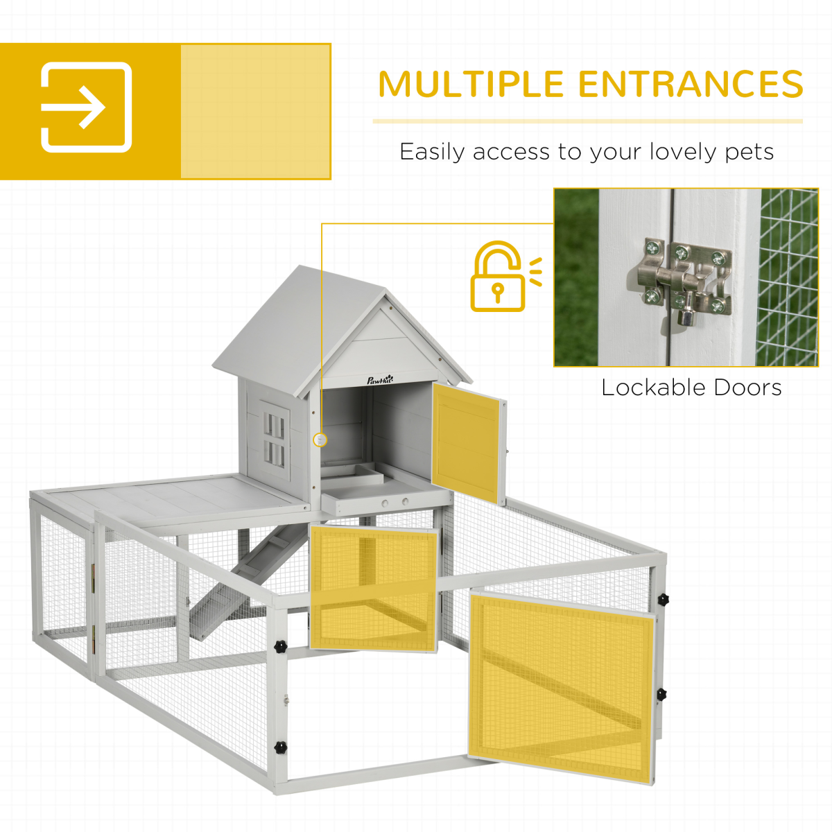 PawHut Rabbit Hutch and Guinea Pig Cage with Slide-Out Tray, Fenced Run, 3 Doors, Indoor Wooden Hutch