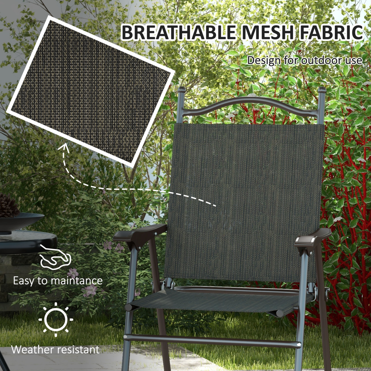 Outsunny Set of 2 Folding Chairs with Armrests and Breathable Mesh Seats