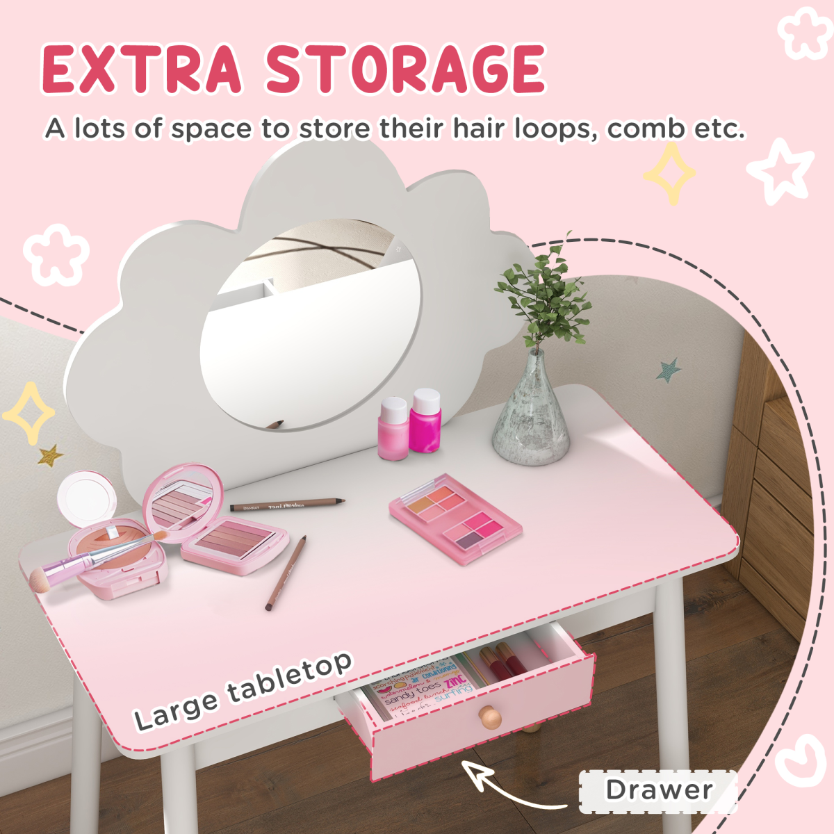 AIYAPLAY Kids Cloud Dressing Table Set with Mirror, Stool & Drawer