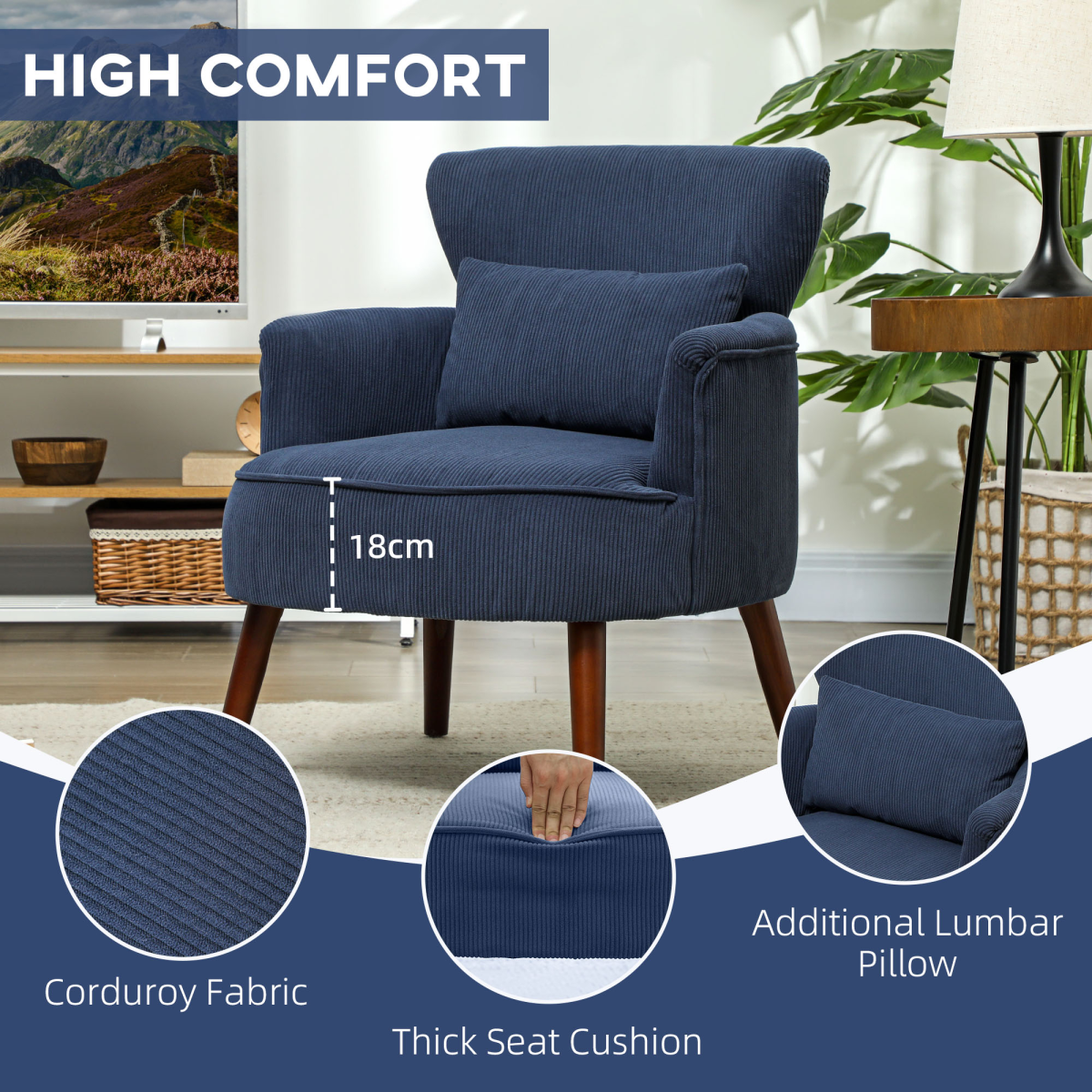 HOMCOM Blue Corduroy Wingback Armchair with Padded Seat & Backrest