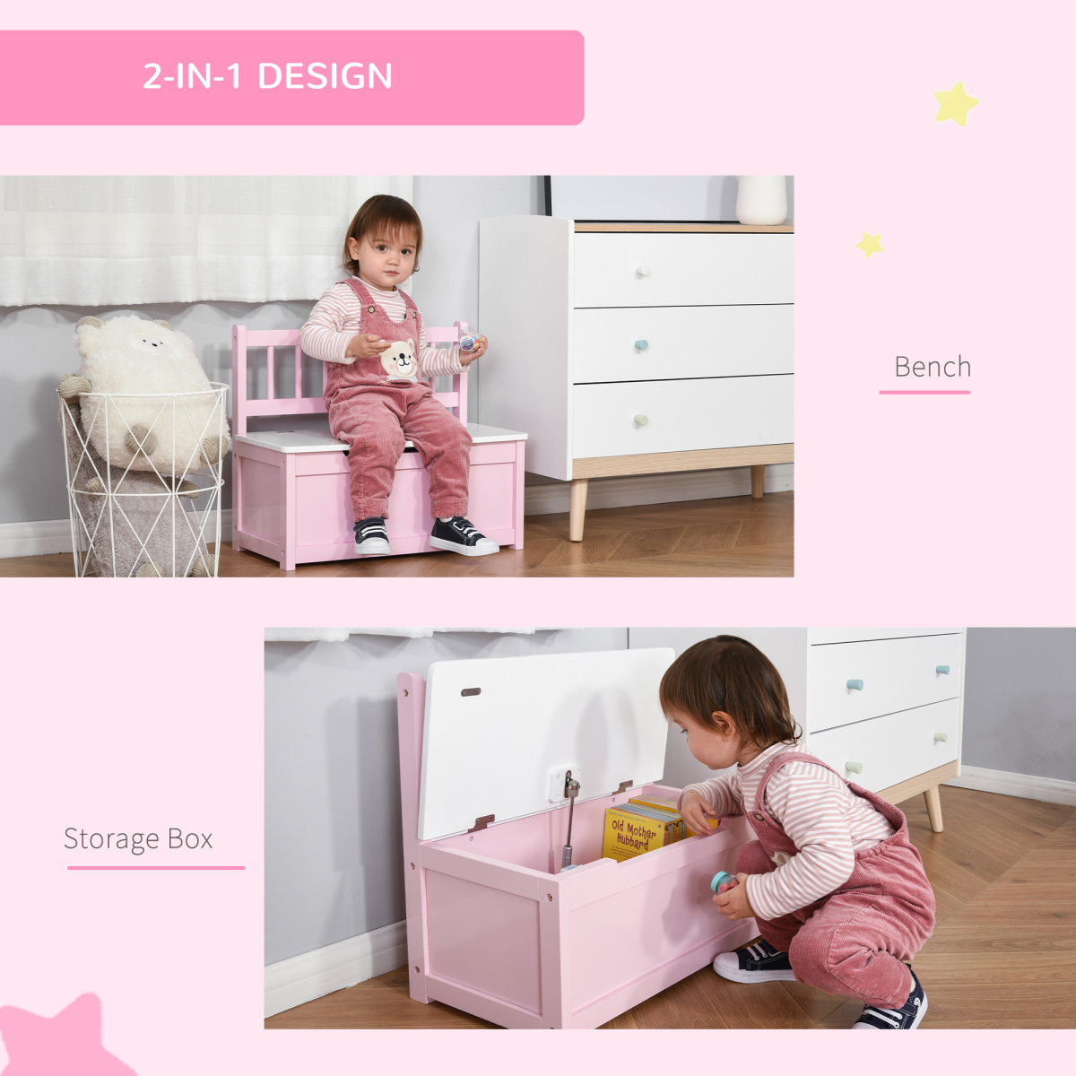 HOMCOM 2-in-1 Kids Wooden Toy Box Storage Bench with Seat, Backrest and Gas Stay Bar