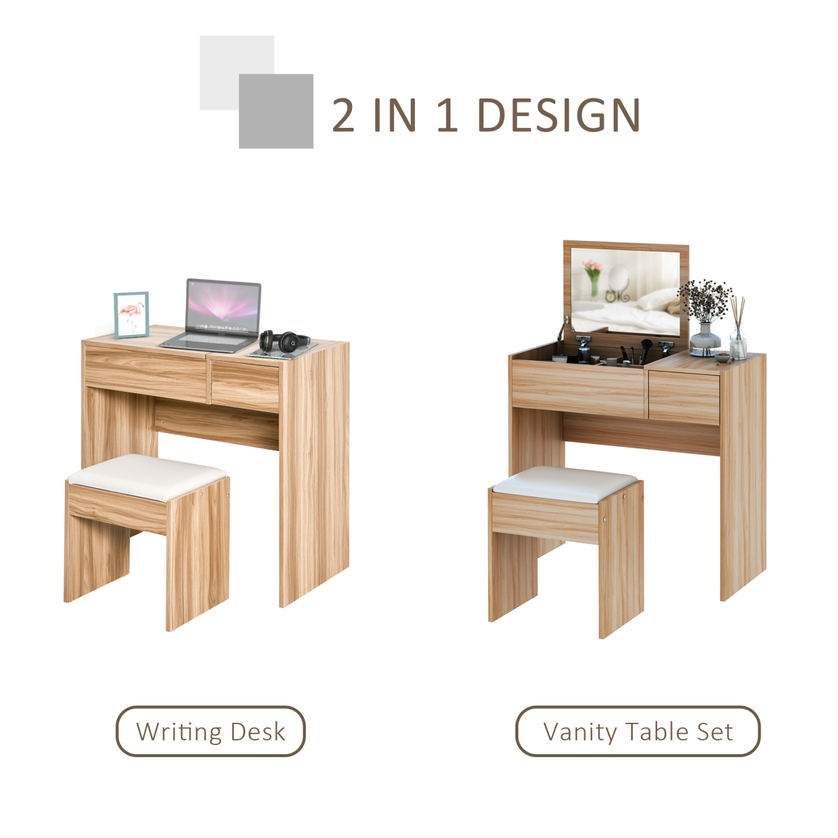 HOMCOM Dressing Table with Flip-Up Mirror, Hidden Storage, Slide-Out Drawer and Padded Stool