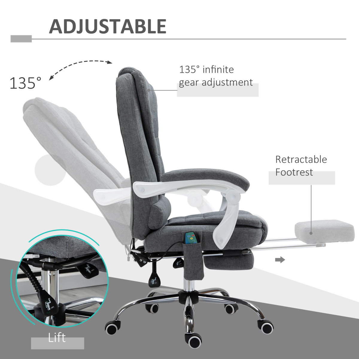 Vinsetto Heated Massage High Back Reclining Office Chair, Grey
