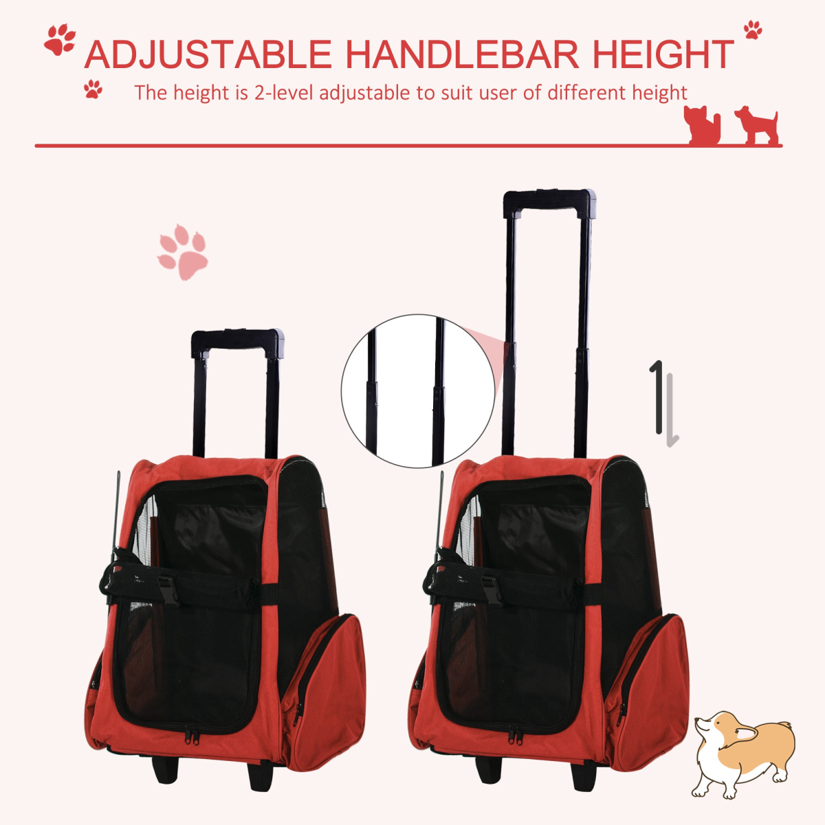 Pawhut Pet Travel Backpack Carrier, 2-in-1 Trolley Bag with Telescopic Handle, 4 Detachable Wheels, Breathable Mesh, Safety Buckle Lock