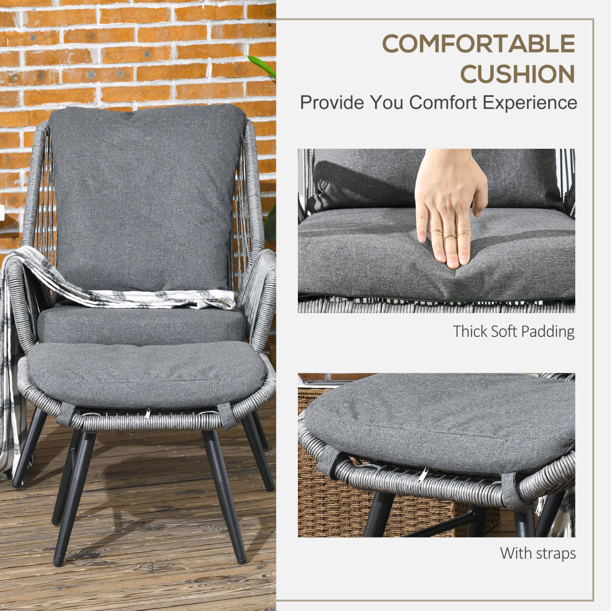 Outsunny Outdoor Rattan Recliner Chair and Footrest Set with Adjustable Backrest, Grey