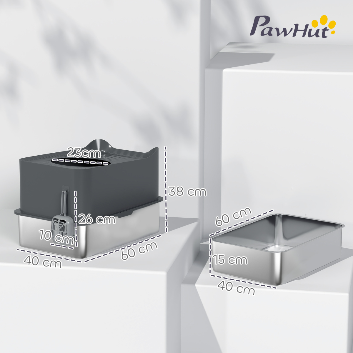 PawHut Stainless Steel Enclosed Cat Litter Box with Scoop, Dark Grey