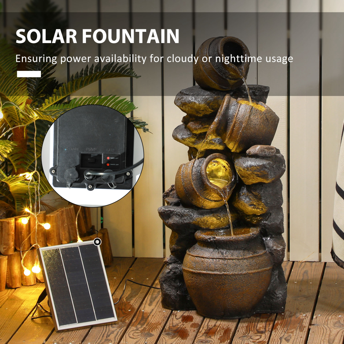 Outsunny Solar 4-Tier Water Fountain with 12 LED Lights and Pump