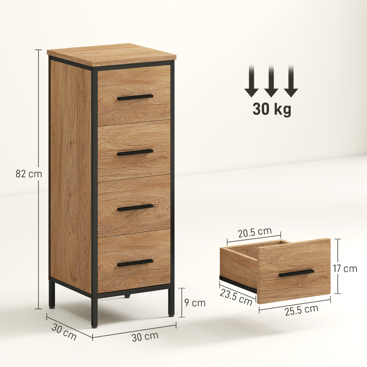 HOMCOM Narrow 4-Drawer Bathroom Storage Cabinet, Oak