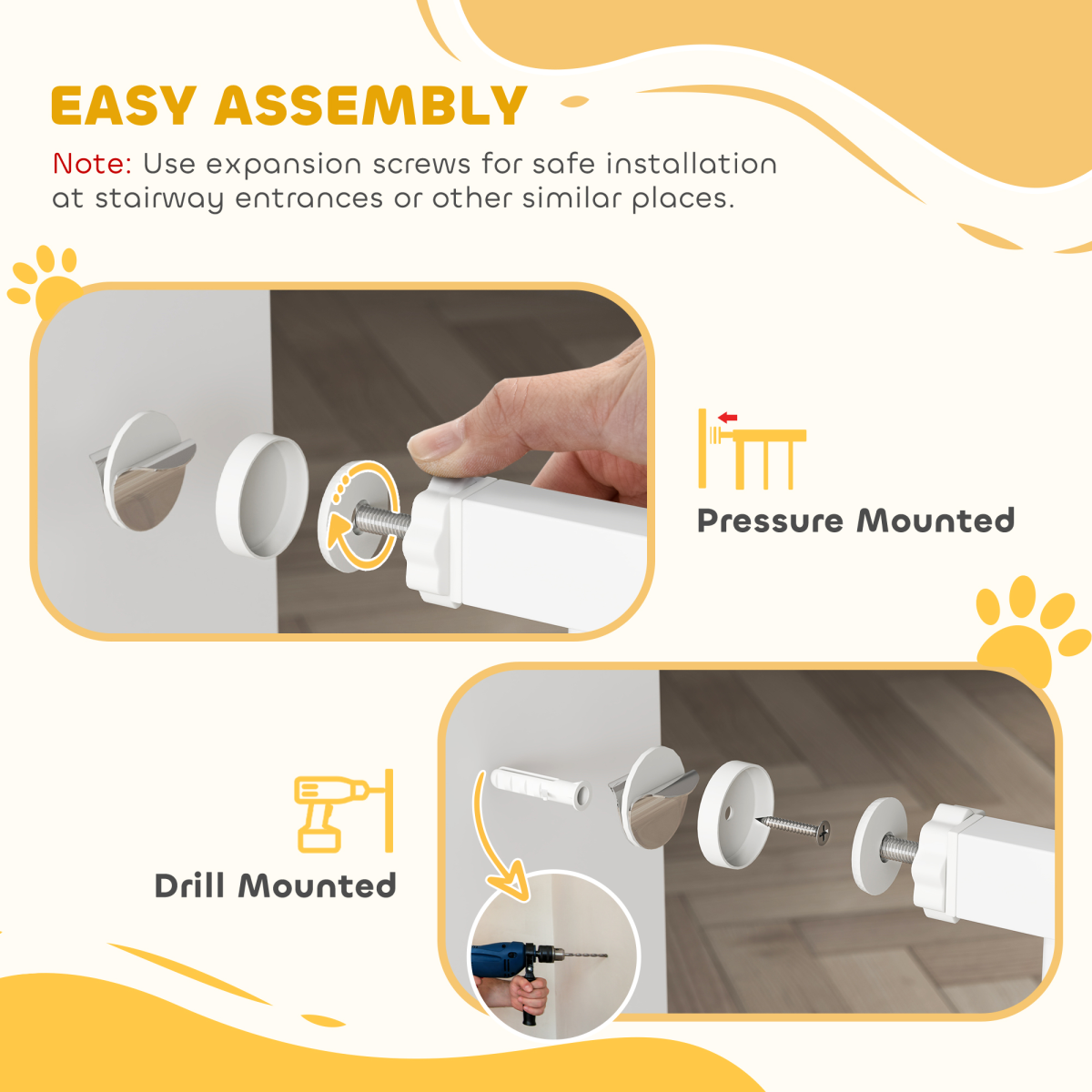PawHut Adjustable Stair Gate with Cat Door, 76-104cm Wide, 106cm Tall