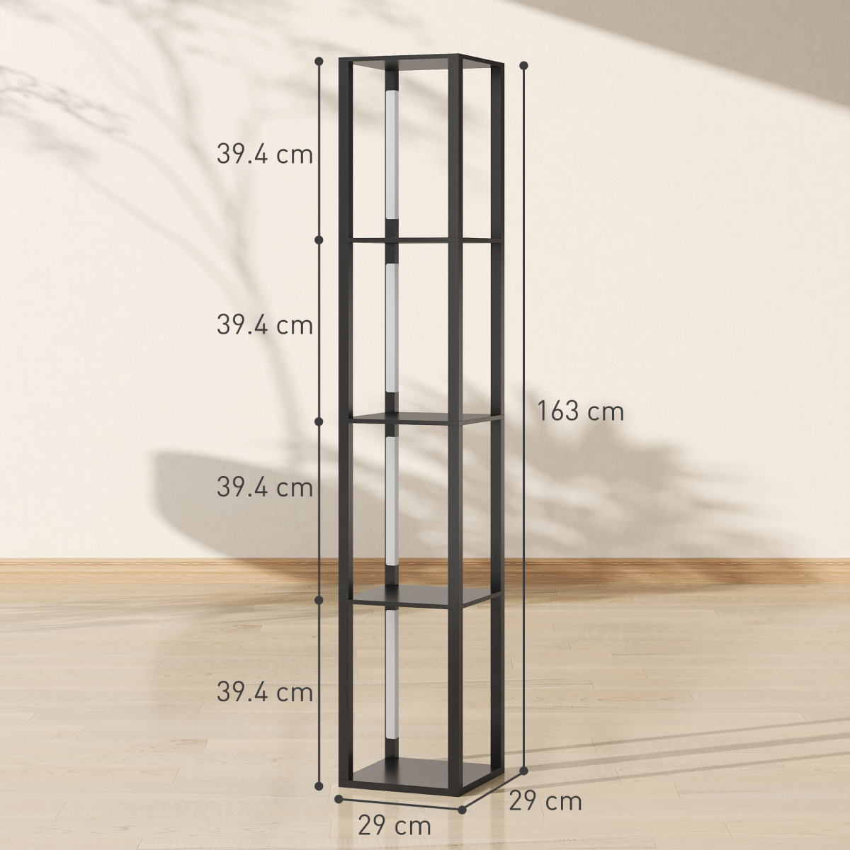 HOMCOM Black Floor Lamp with 4-Tier Shelf, Foot Switch, 3 Brightness Levels