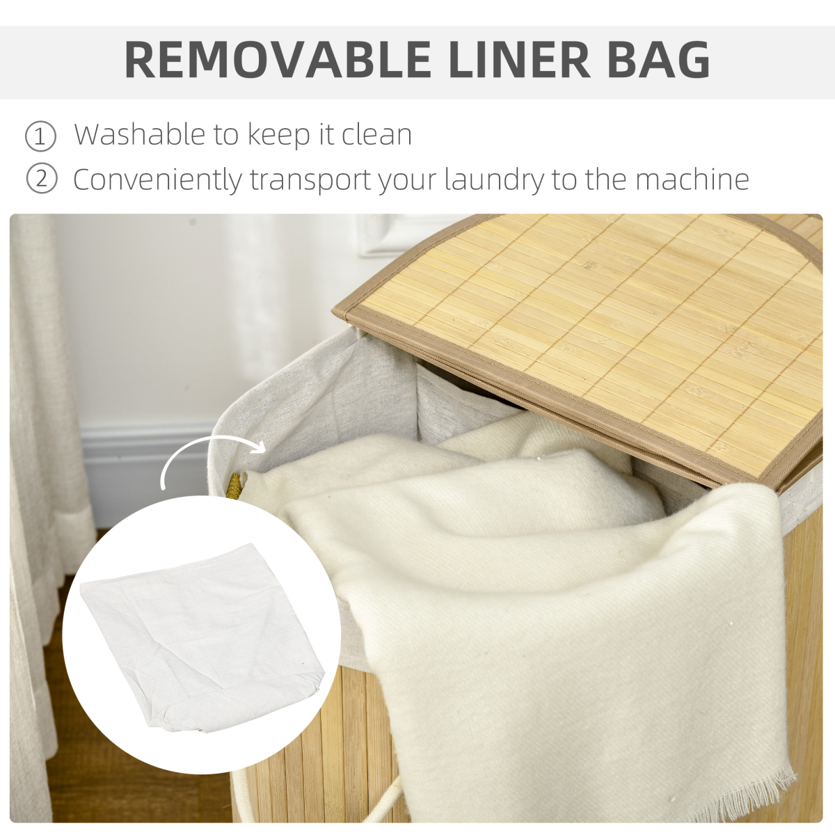 100L Bamboo Laundry Basket with Lid, 2 Compartments and Removable Lining, Natural