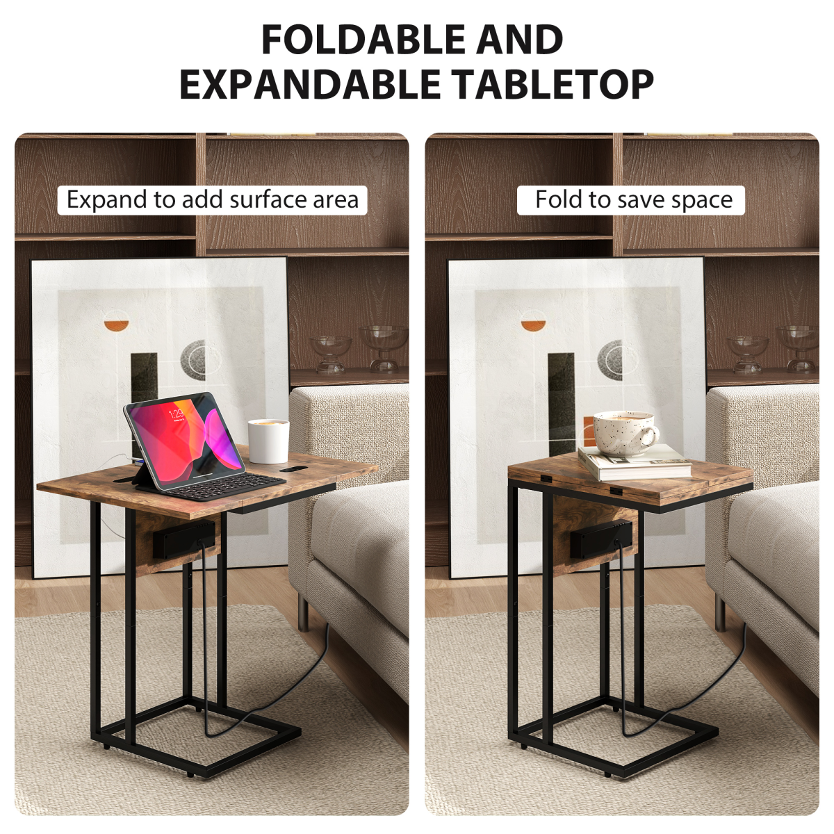 HOMCOM C-Shaped Side Table with Charging Station, Foldable Top