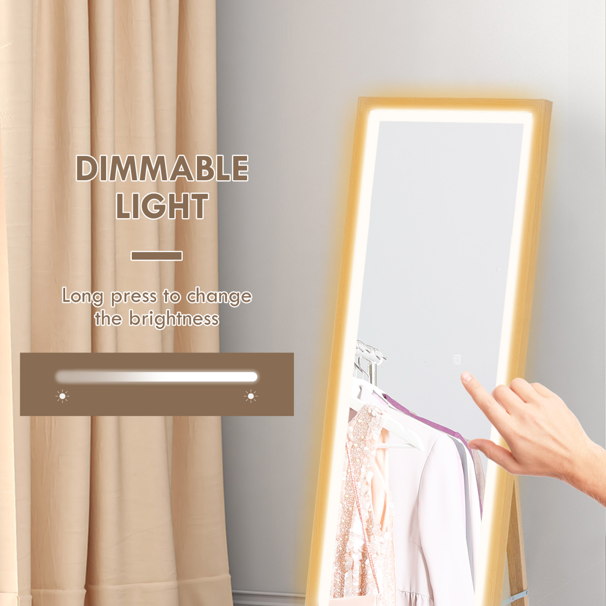 HOMCOM Full Length LED Dimming Mirror, Standing/Wall Mount, Oak