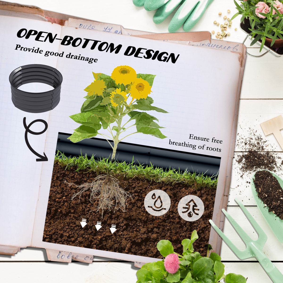 Outsunny Set of 2 Raised Metal Garden Beds with Safety Edging, Dark Grey