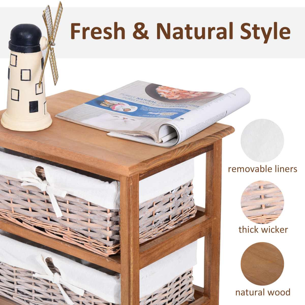 HOMCOM 5-Drawer Wooden Storage Unit with Wicker Woven Baskets and Removable Liners