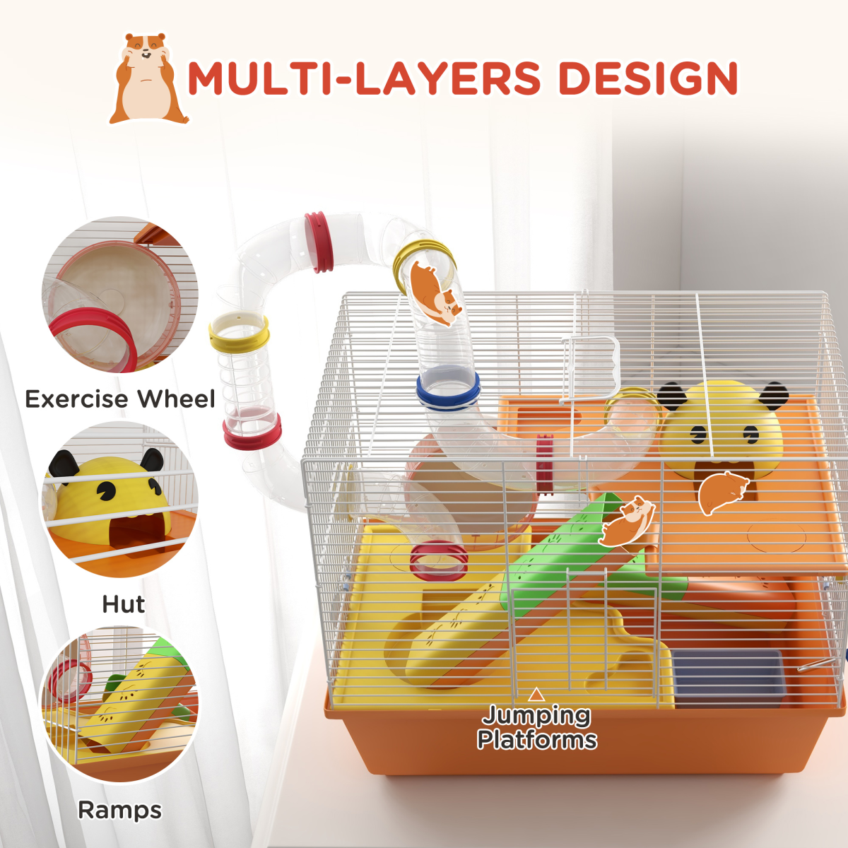 PawHut 3-Tier Hamster & Gerbil Cage with Wheel, Ramp, Dish & Bottle