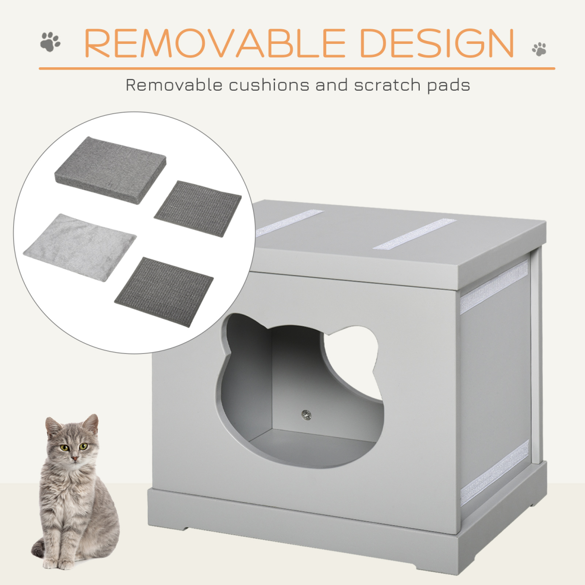 PawHut Cat House Bed Kitten Cave Cube Indoor with Soft Cushion and Two Sisal Scratching Pads, Grey