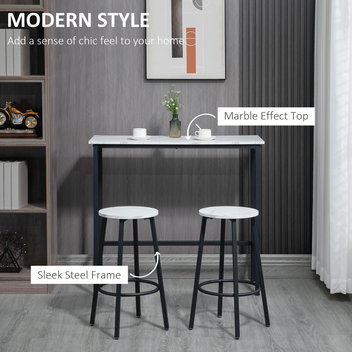 HOMCOM 3-Piece Bar Table Set for 2, Steel Frame, Footrest, White