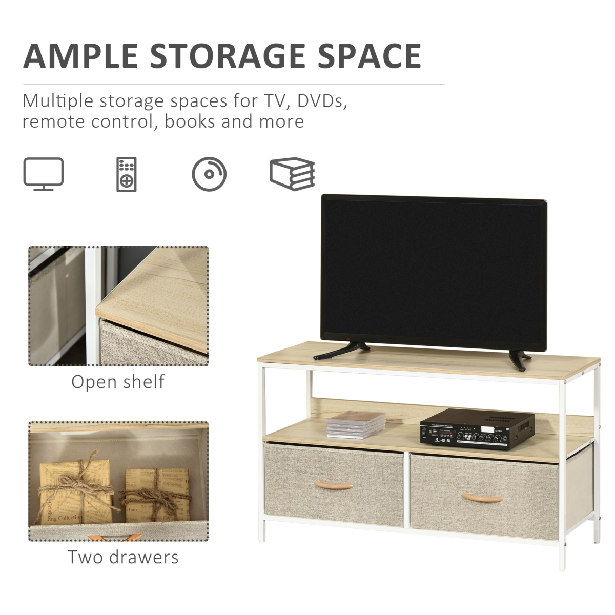 HOMCOM TV Cabinet with 2 Foldable Linen Drawers, Maple Colour