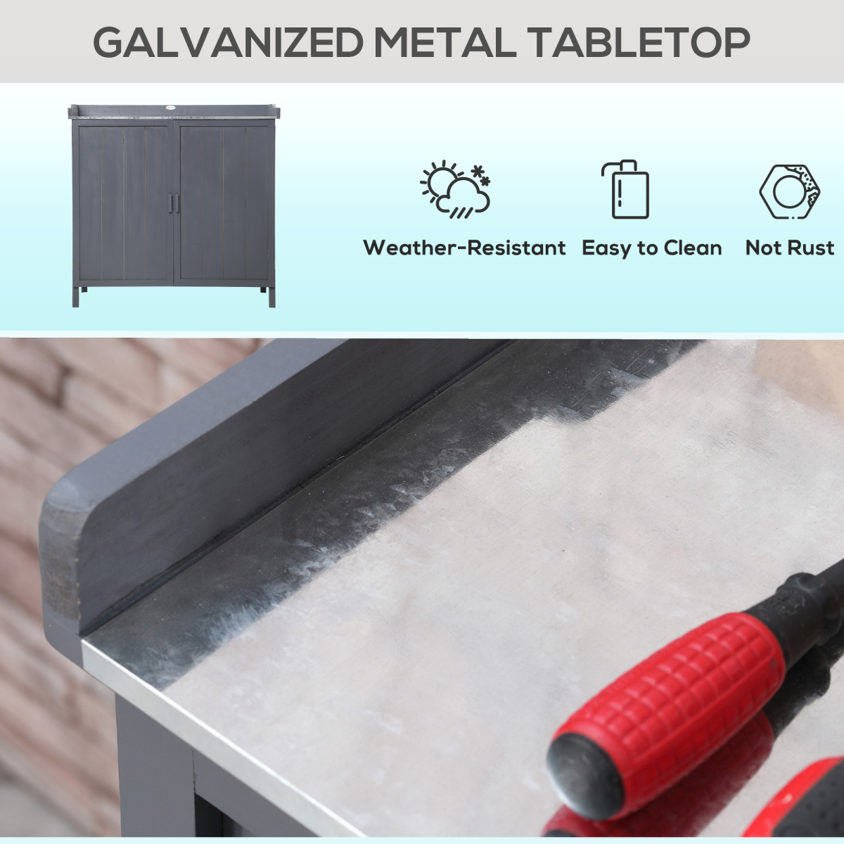 Outsunny Garden Storage Cabinet Potting Bench Table, Grey, Galvanised Metal Surface, Two Shelves, Magnetic Doors, Fir Wood Body