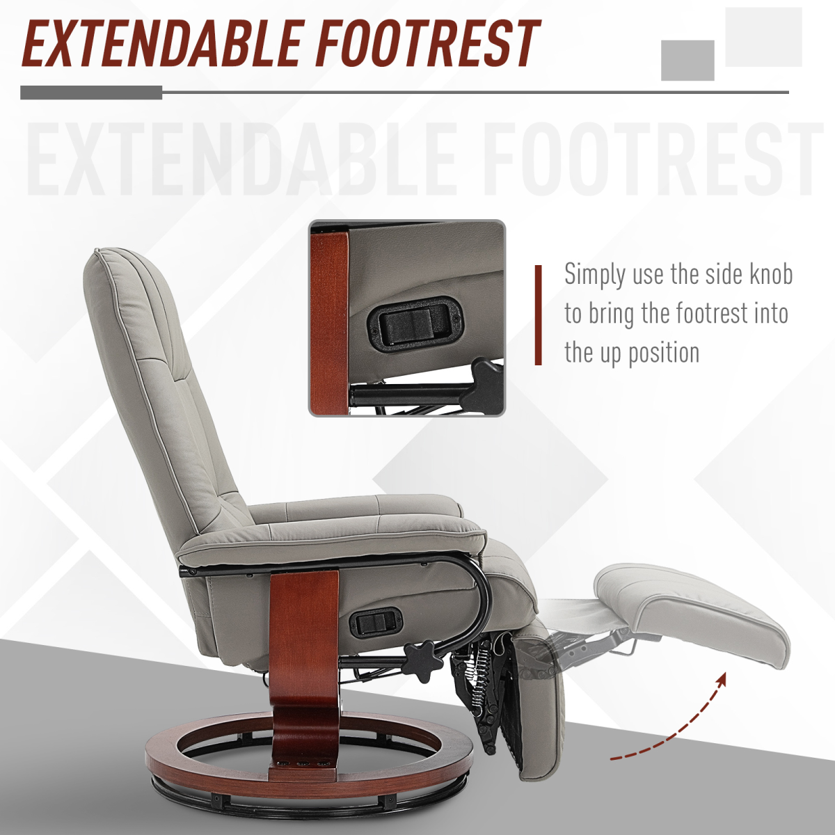 Grey PU Leather Recliner Armchair with Footrest and Wooden Base