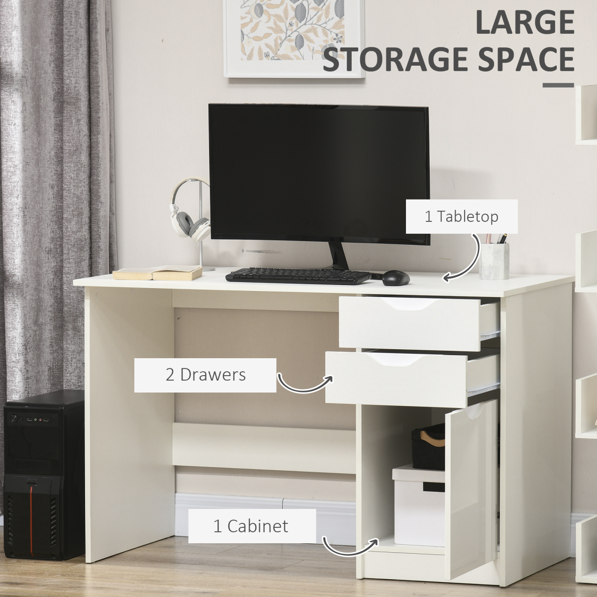 HOMCOM White Computer Workstation with 3 Drawers for Home Office, Study Desk